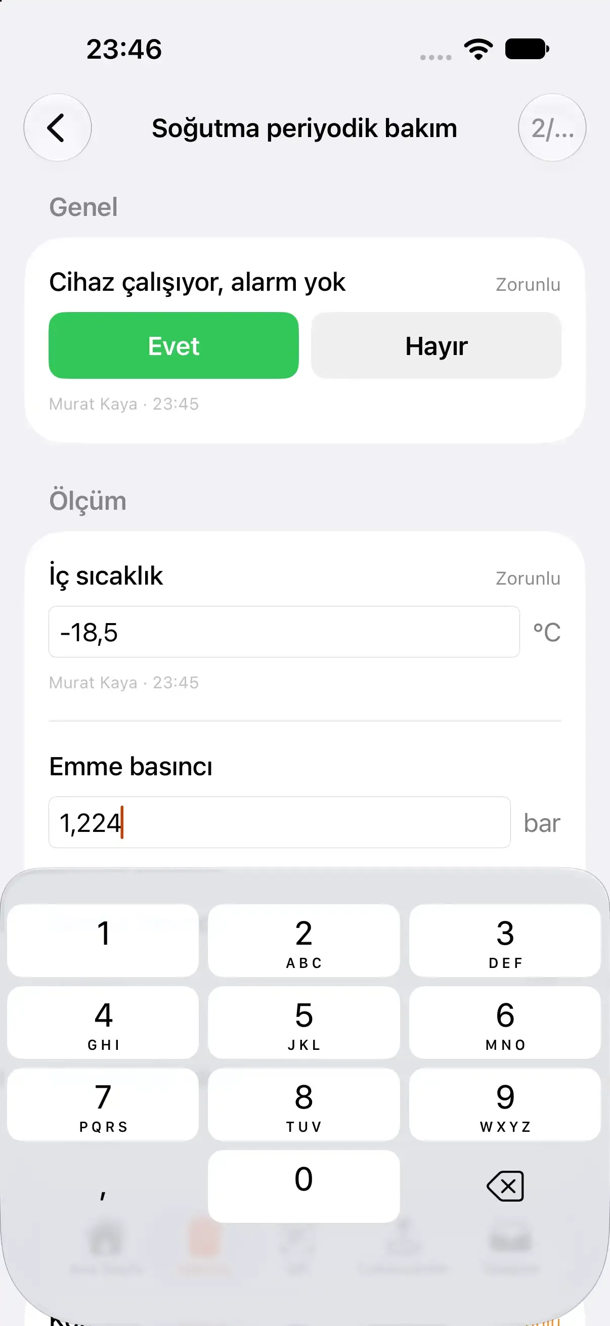 Teknisyen uygulamasında ölçümlü kontrol listesi