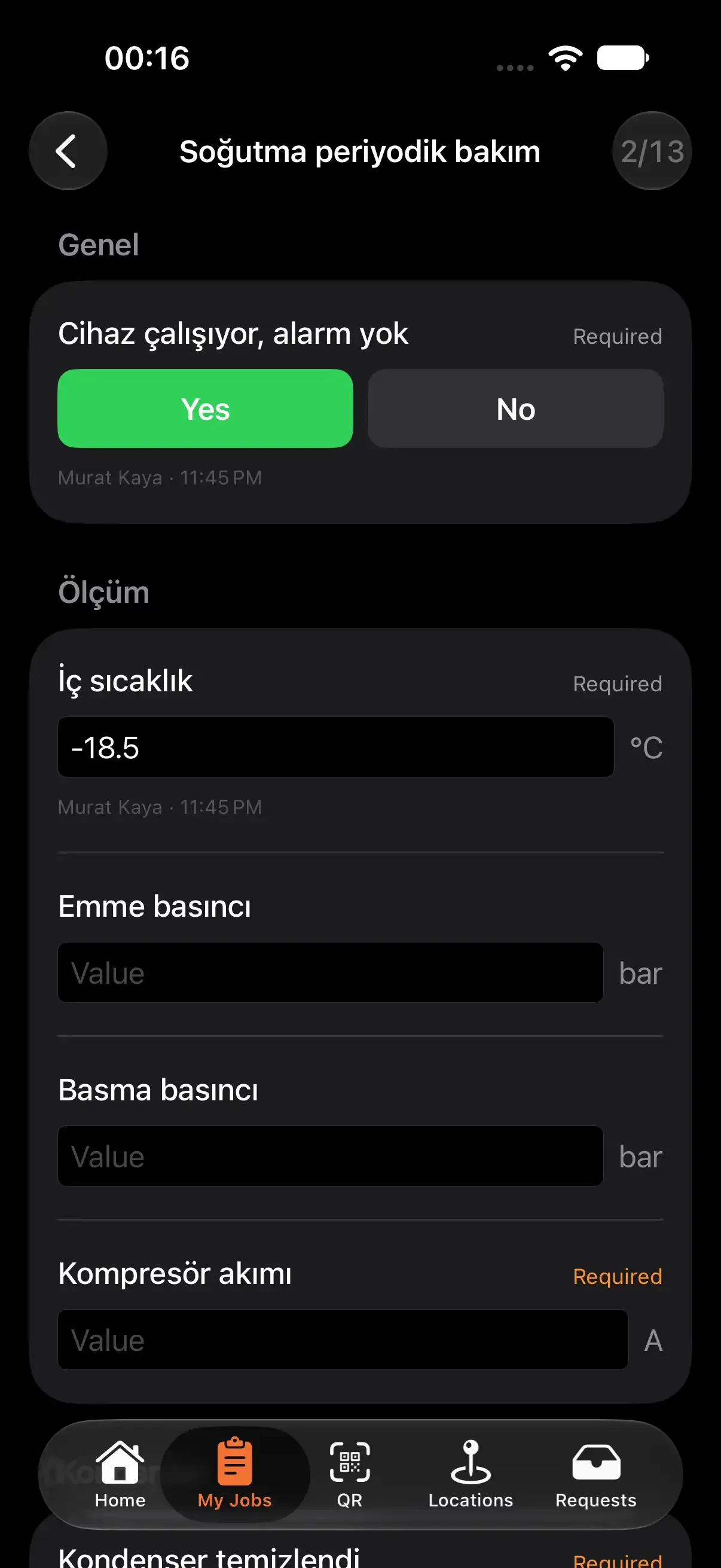 Checklist with measurements in the technician app