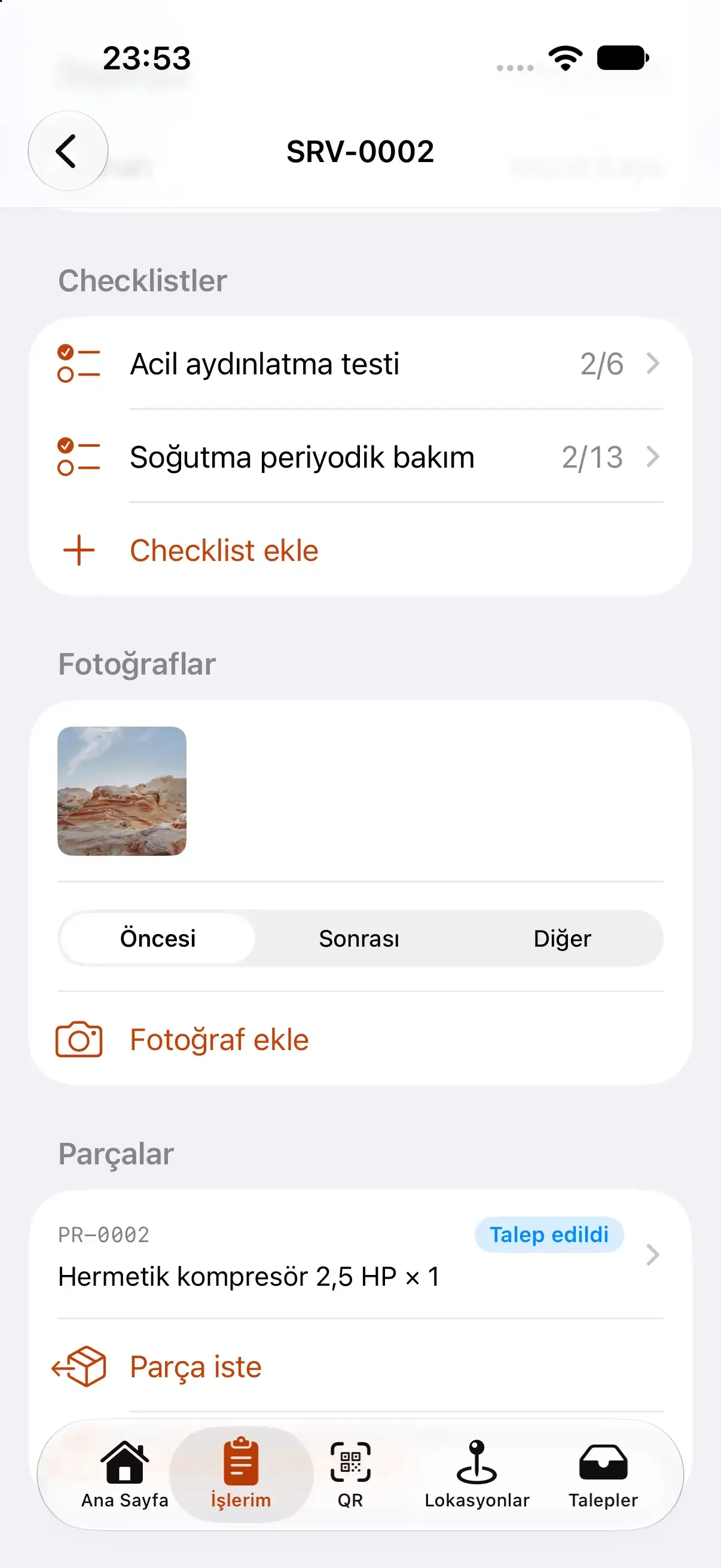 Teknisyen uygulamasında parça talebi ekranı