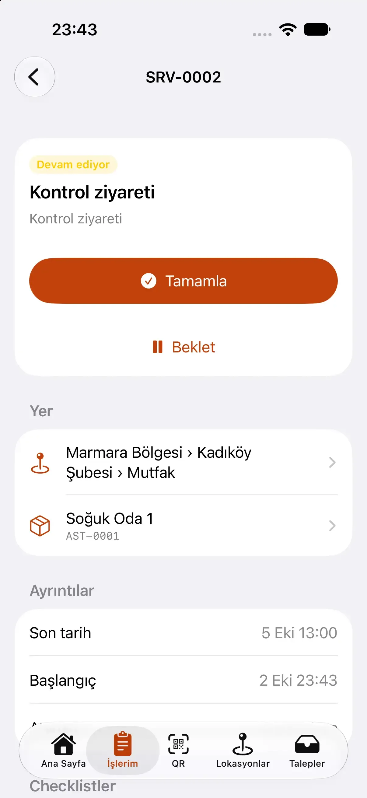 Teknisyen uygulamasında sahada açık bir iş