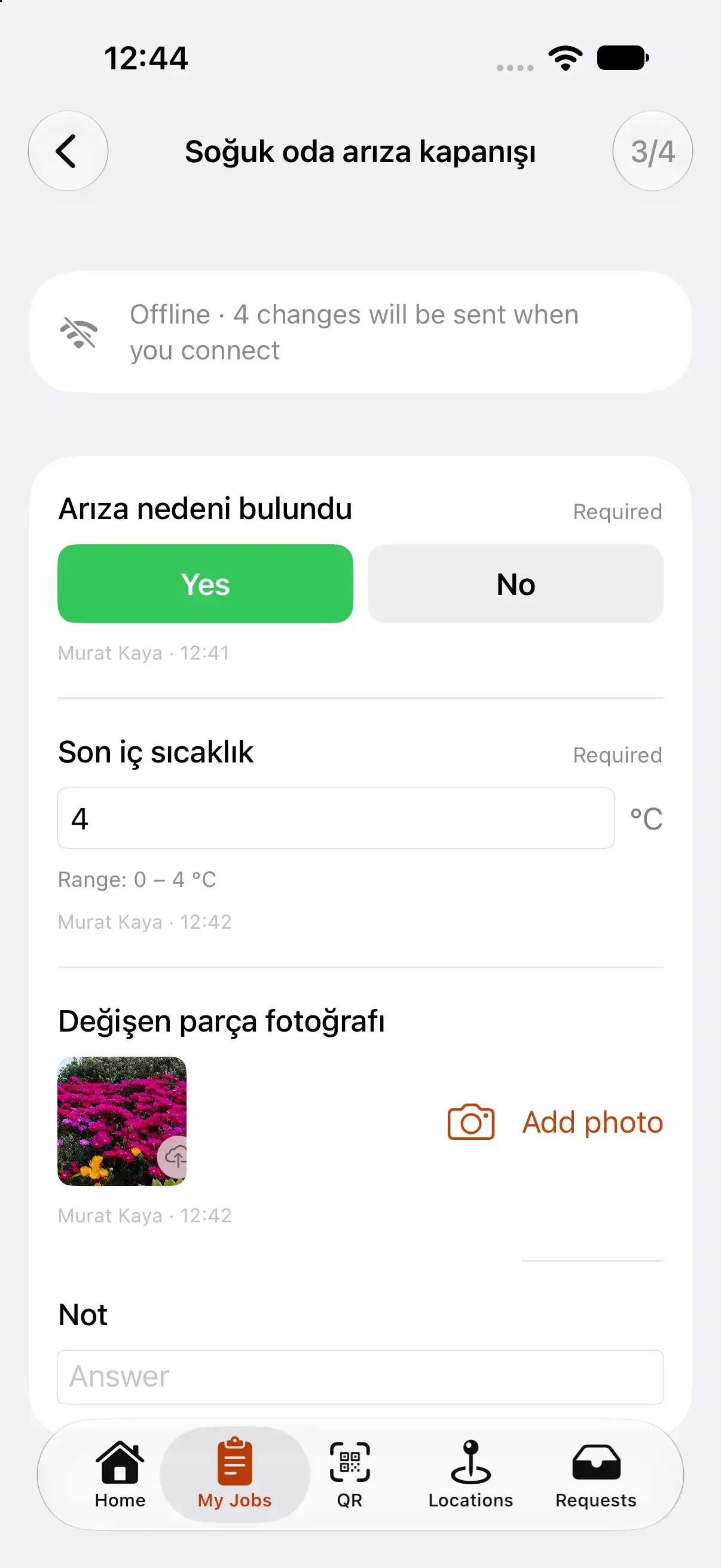 A job in progress in the technician app