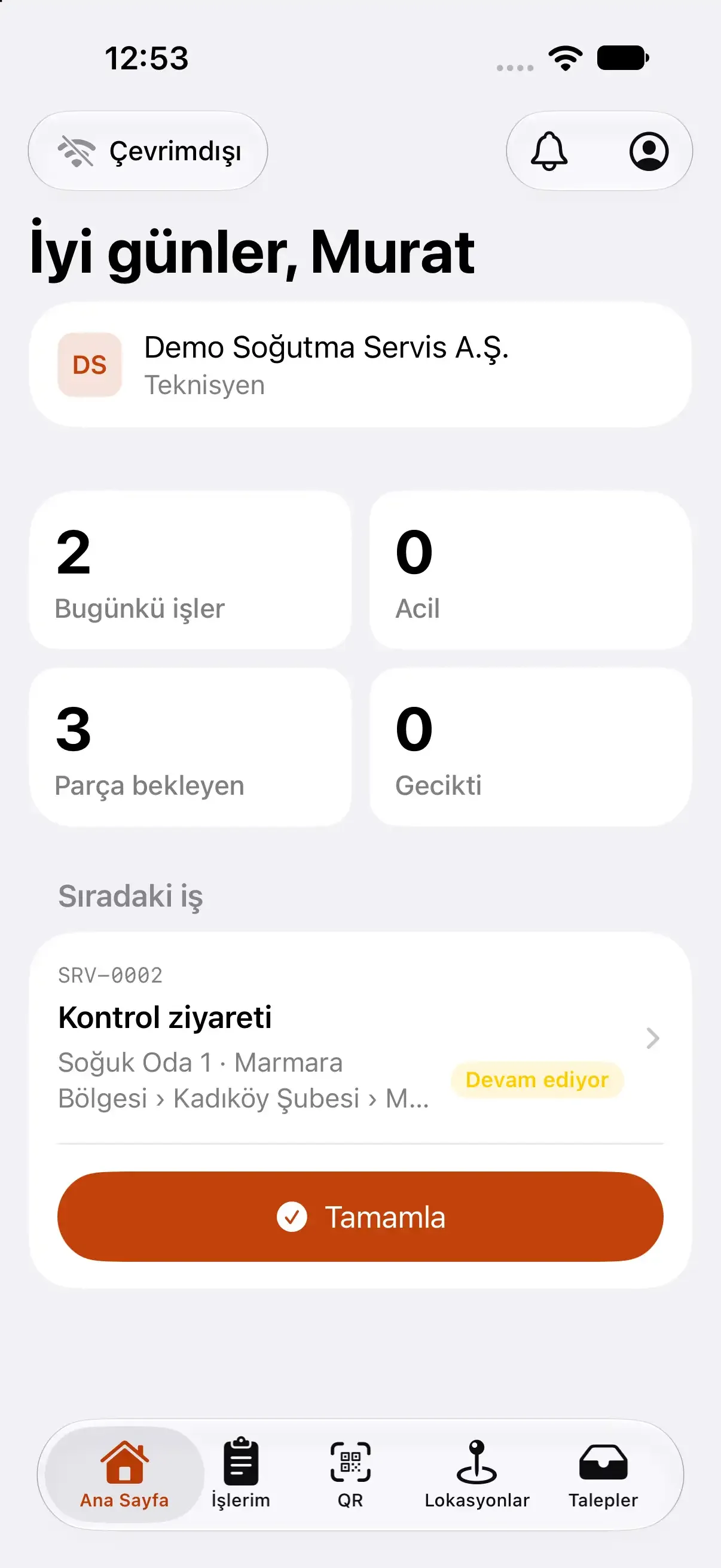 Saha teknisyen uygulaması ana ekranı