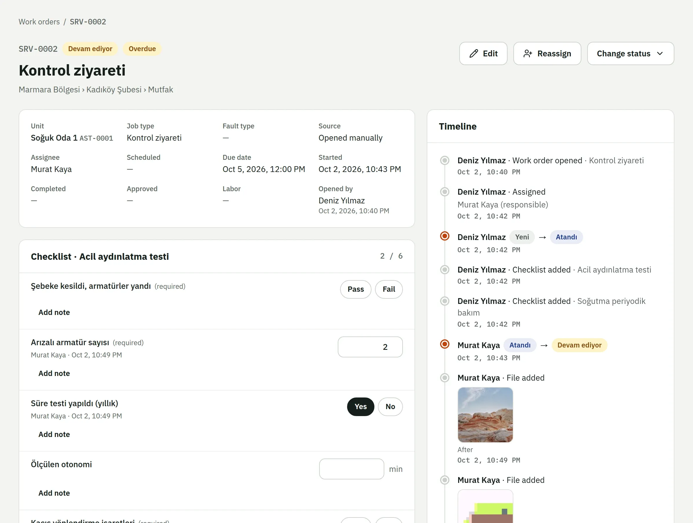 A work order on the web: details, checklist and timeline